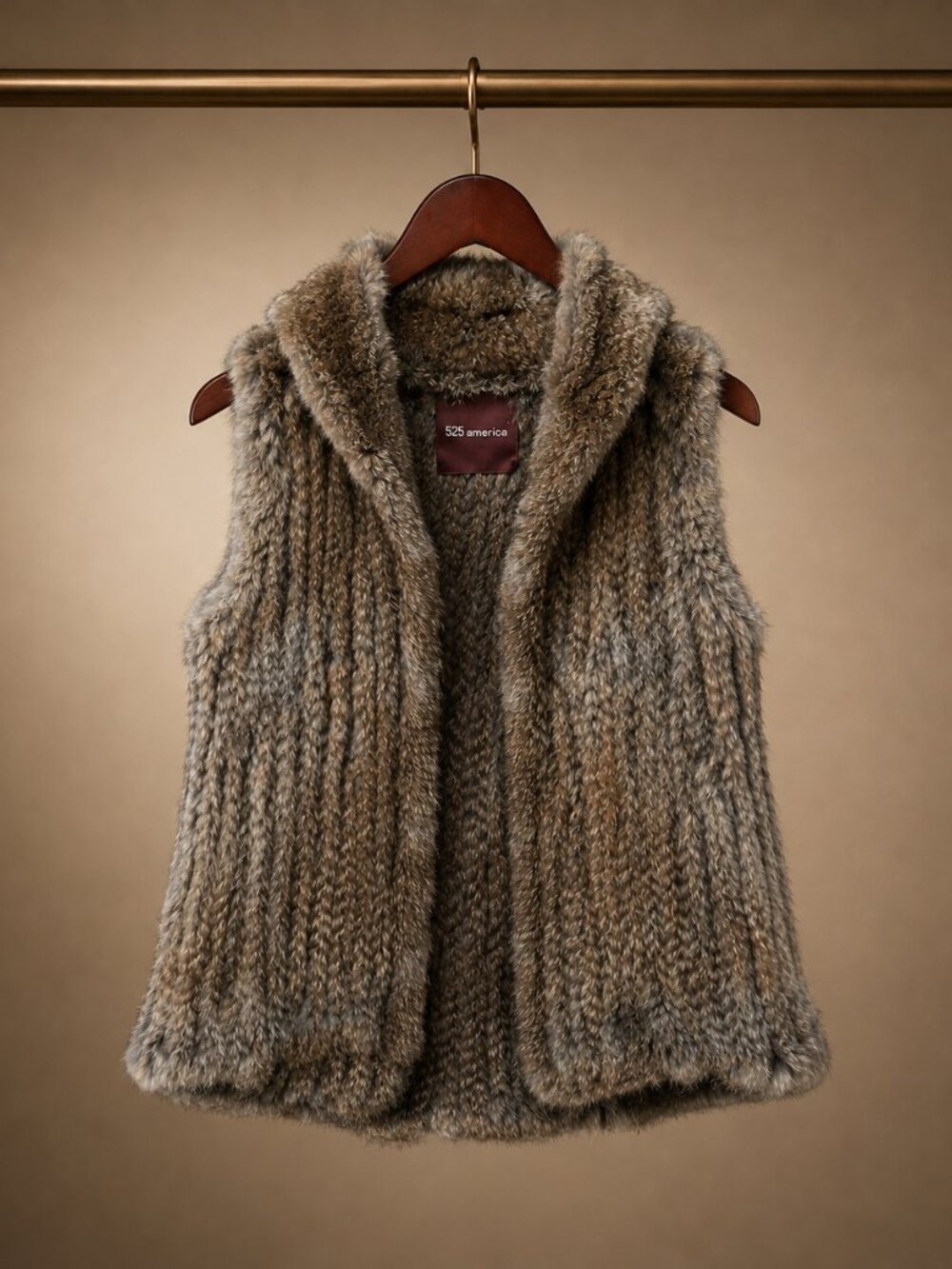 525 America Knitted Rabbit Fur Vest Womens S Hooded Real Fur Natural Brown